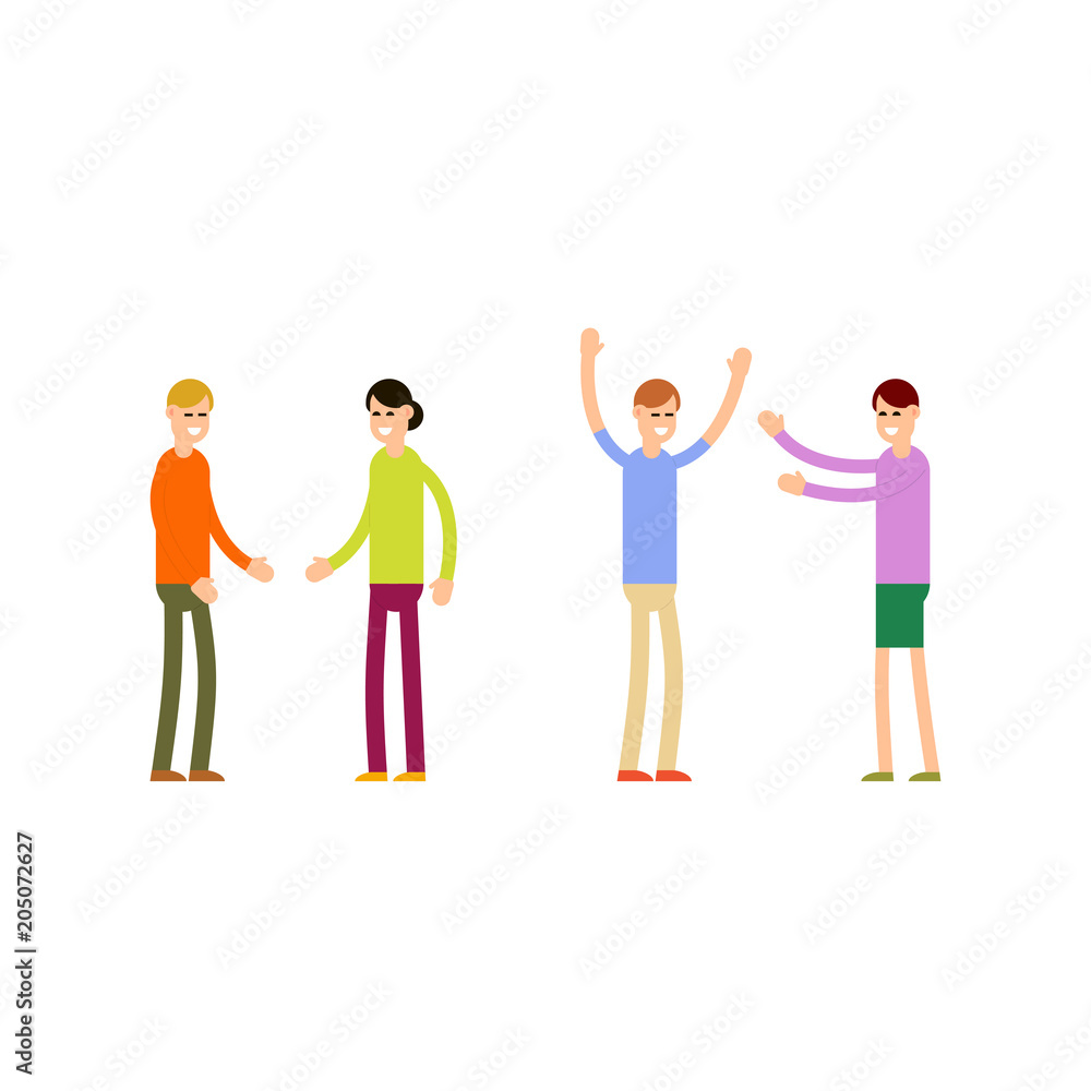 People happy isolated. Young happy man and woman during a meeting. Cartoon illustration on white background in flat style People happy isolated. Young happy man and woman during a meeting. Cartoon illustration on white background in flat style