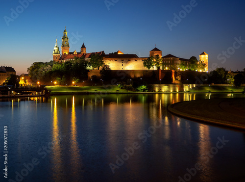 Poland, Krakow. Illuminated royal Wawel castle and cathedral at night and light reflections in Vistula River. Riverside with park, trees, promenade, lanterns, harbor and tourist ship