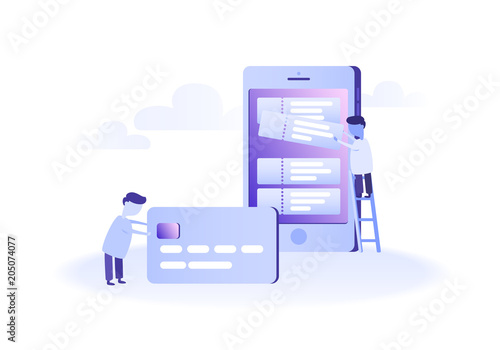 Mobile banking concept illustration of people using smart phone for online banking.