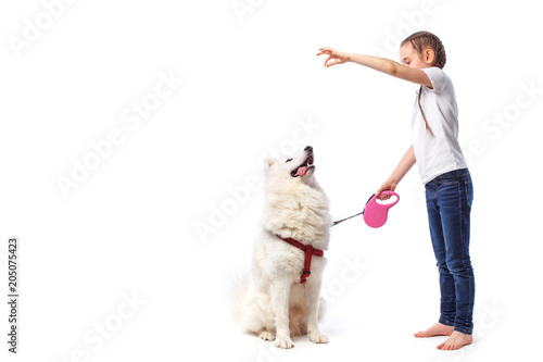 Happy child with white dog. Portrait girl with pet. Smilyng Samoyed Laika dog. photo