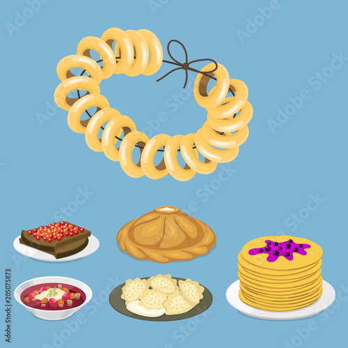 Traditional Russian cuisine culture dish course food welcome to Russia gourmet national meal vector illustration