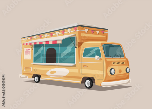 Retro street food van. Vintage food and drink truck. Cartoon vector illustration.
