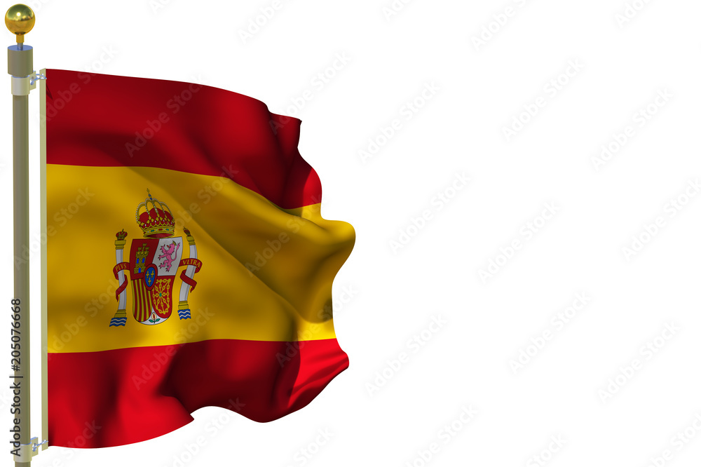 Spain flag Isolated Silk waving flag with emblem of Kingdom of Spain with a flagpole on a white background 3D illustration. Spain flag Isolated Silk waving flag with emblem of Kingdom of Spain with a flagpole on a white background 3D illustration.