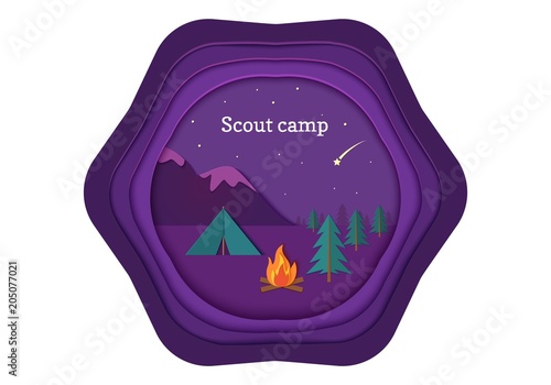 Evening camp whith bonfire and tent in trandy paper cut style. Pine forest and rocky mountains. Starry night sky and shooting star. Vector card illustration. Night camping adventure