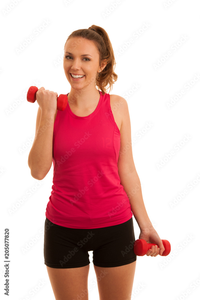 Beautiful young active fit woman workout with dumbbells isolated over white background - fitness Beautiful young active fit woman workout with dumbbells isolated over white background - fitness