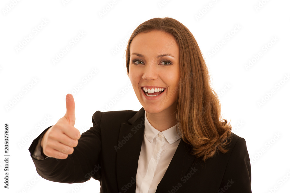 Corporate portrait of young beautiful caucasian business woman showing thumb up as gesture of success isolated over white background Corporate portrait of young beautiful caucasian business woman showing thumb up as gesture of success isolated over white background
