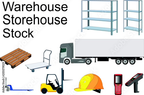 Elements of the warehouse, wagon, data collection terminal, loader, wagon, rack, pallet