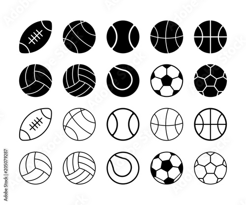 Set of simple flat sports balls in solid and outline. 