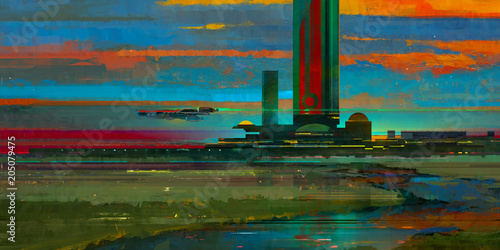 Photography painted evening picturesque fantastic landscape with reflection