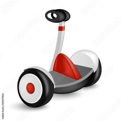Realistic mini segway icon isolated on white. Eco electric two wheel vehicle. Vector illustration of modern city transport.