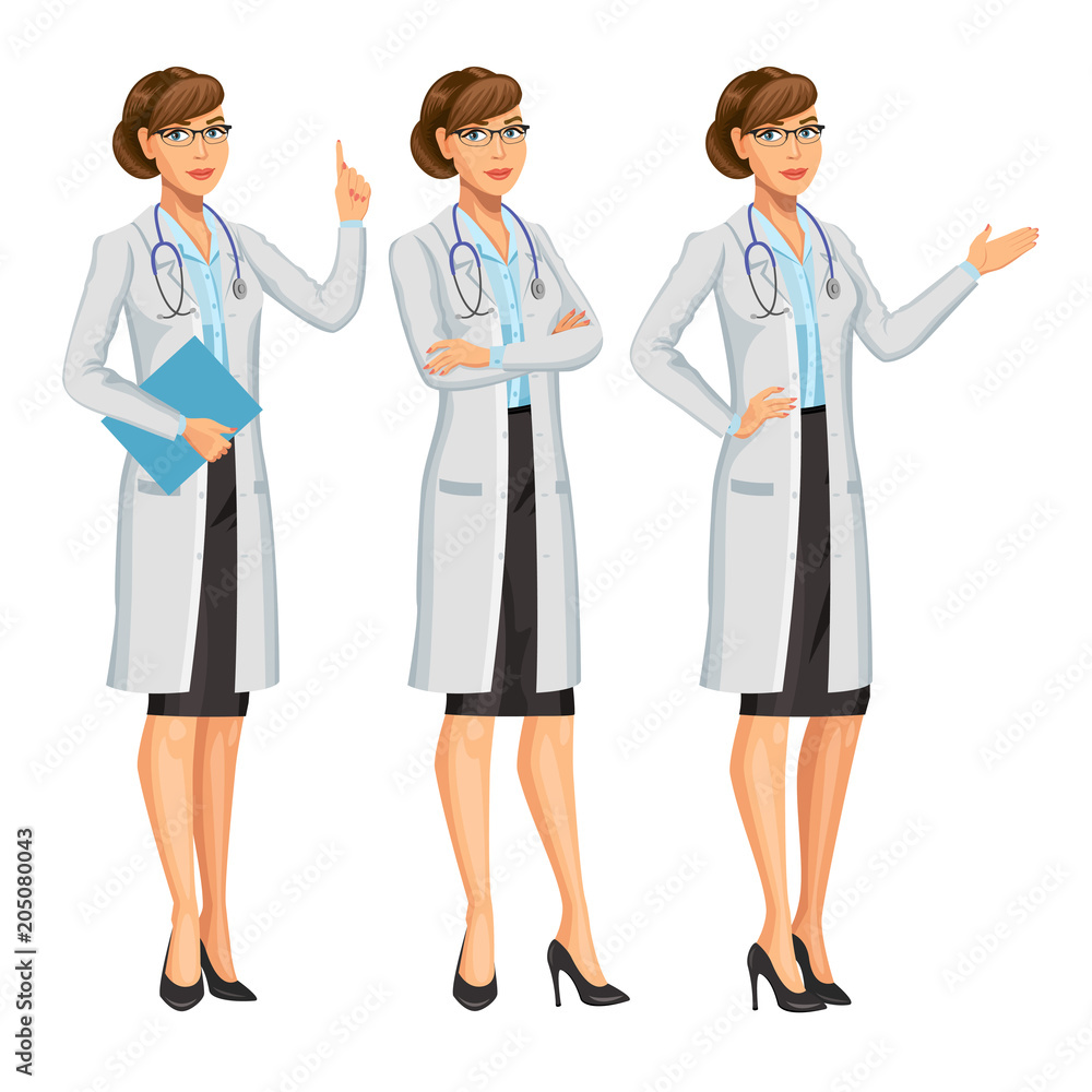 Doctor, woman with stethoscope, gesturing. Medical woman. Healthcare and medical concept. Vector Illustration,10 eps. Doctor, woman with stethoscope, gesturing. Medical woman. Healthcare and medical concept. Vector Illustration,10 eps.