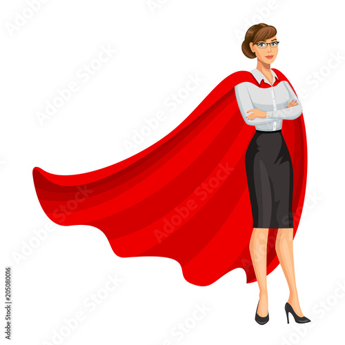 Superhero woman in red cape, female hero, businesswoman superhero. Girl in business style look. Professional Women. Success concept. Vector, 10 eps.