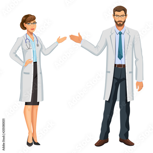 Medical team. Two doctors, man and woman with stethoscope, gesturing. Healthcare and medical concept. Vector Illustration.