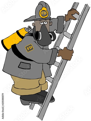 Illustration of a black fireman wearing a respirator and climbing a ladder.