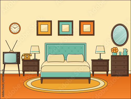 Room with double bed. Bedroom retro interior. Vector. Home space in flat design. Cartoon hotel room. Linear illustration. Vintage animated house equipment. Outline background 1950s 1960s 1970s.