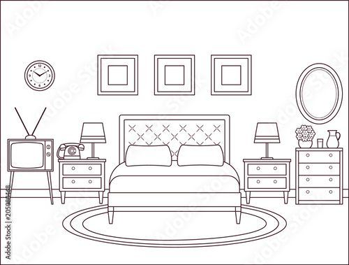 Bedroom interior. Hotel retro room with bed. Vector. Outline home space in line art flat design. House illustration 1960s. Linear background. Vintage apartment 1970s. Coloring page. Black white sketch