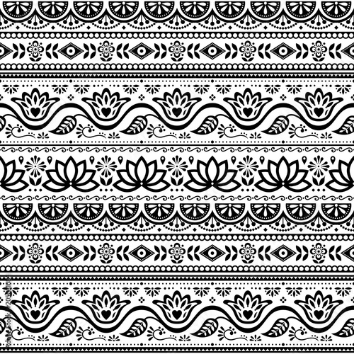 
Pakistani truck art vector seamless pattern, Indian truck floral black and white design with lotus flower, leaves and abstract shapes 
 