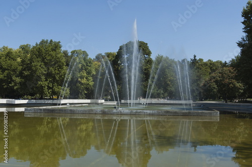 Beauty landscape of many fountain with different programme in public garden of Plovdiv town, Bulgaria, Europe 