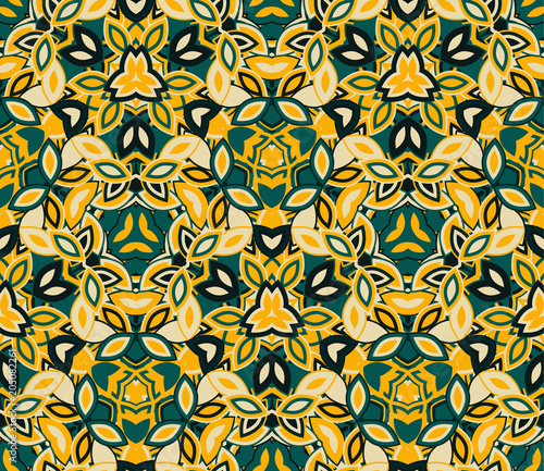 Kaleidoscope seamless pattern, background. Composed of colored abstract shapes. Useful as design element for texture and artistic compositions. © Anlo