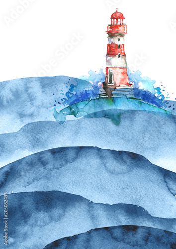 Watercolor illustration of lighthouse. Red and white colors, sea landscape. Art illustration, greeting card. Beautiful tower.