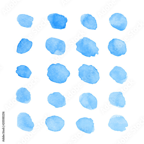Hand painted blue watercolor blots and spots isolated on the whi
