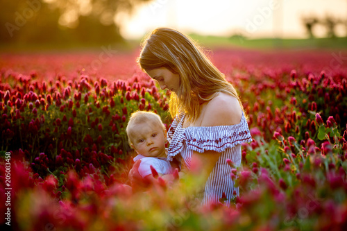 Beautiful young mother, breastfeeding her toddler baby boy in gorgeous crimson clover field on sunset