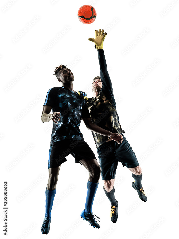 Obraz premium two soccer players goalkeeper men in studio silhouette isolated on white background