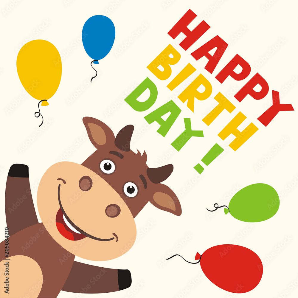 Naklejka premium Happy birthday! Greeting card with funny bull and balloons in cartoon style.