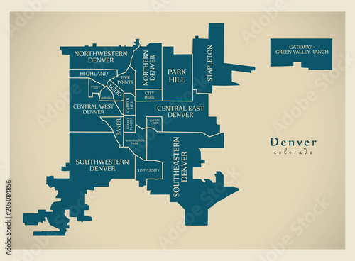Modern City Map - Denver Colorado city of the USA with neighborhoods and titles