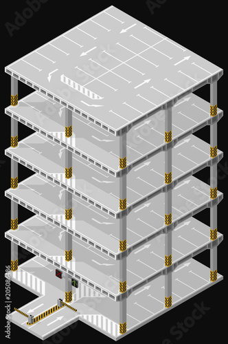 Vector isometric illustration of a multi-level parking garage. Multi storey car park.