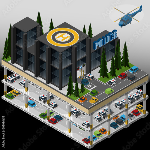 Vector isometric illustration of an element of urban infrastructure consisting of a police department, underground multi storey car park and parked vehicles.