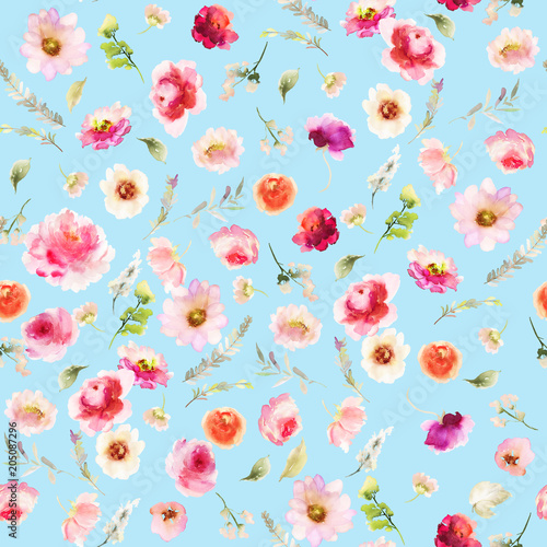 Seamless summer pattern with watercolor flowers handmade.