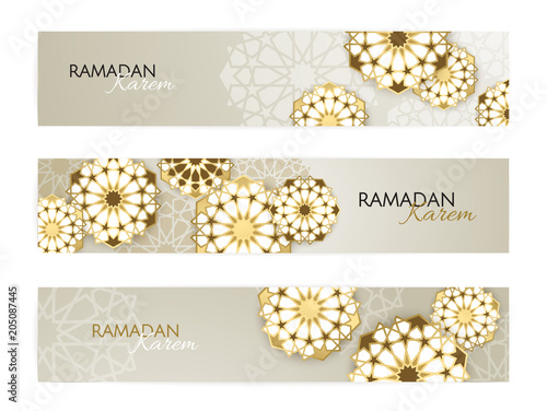 Ramadan Kareem horizontal banners with 3d arabesque stars and flowers. Vector Illustration for greeting card, poster.