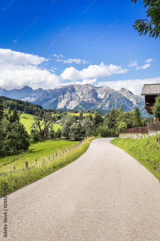 Alpine mountain road view on Dachstein massif, Austria