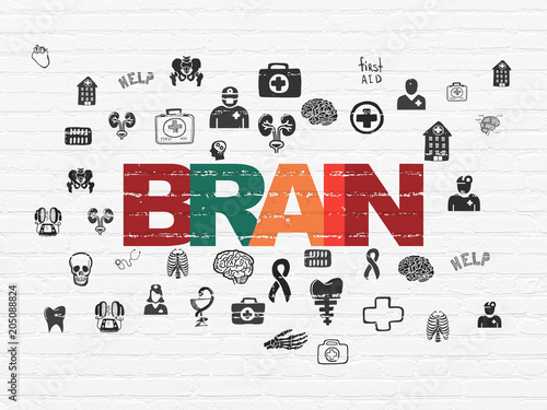 Healthcare concept: Painted multicolor text Brain on White Brick wall background with Hand Drawn Medicine Icons