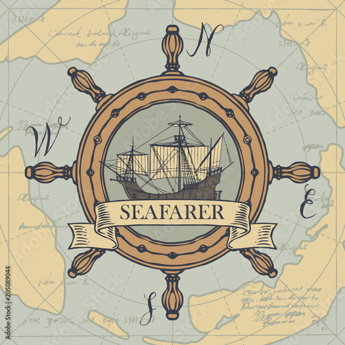 Retro banner with the helm, vintage sailing yacht and the word Seafarer. Vector illustration on the theme of travel, adventure and discovery on the background of old map