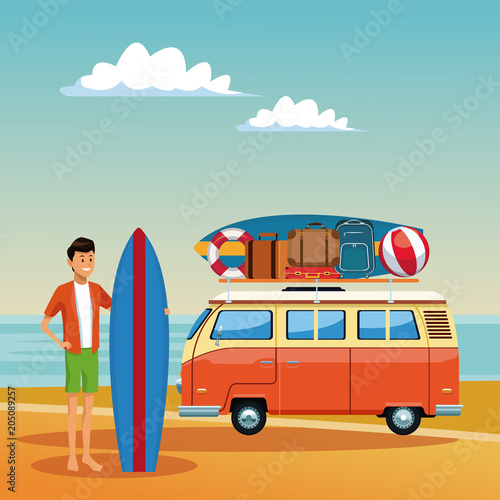 Young man with surf van at beach vector illustration graphic design