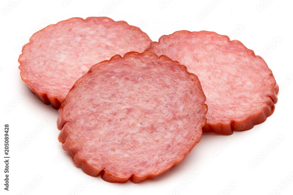 Slices of salami. Isolated on a white background. Slices of salami. Isolated on a white background.