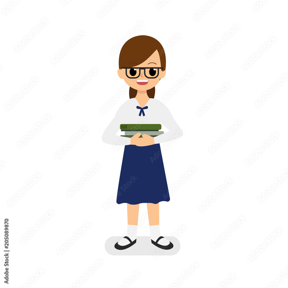Cute girl Thai student holding books vector with isolated white   study girl  cartoon character design Stock  Vector | Adobe Stock