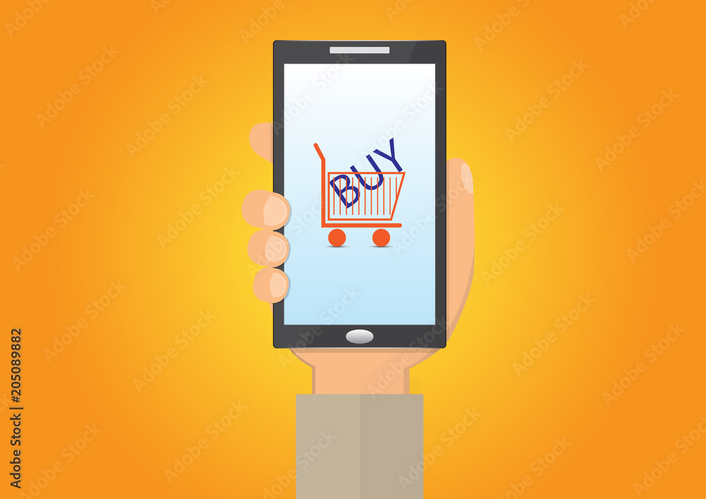 Hand holding smartphone with shopping cart and text buy, business technology concept vector illustration Hand holding smartphone with shopping cart and text buy, business technology concept vector illustration