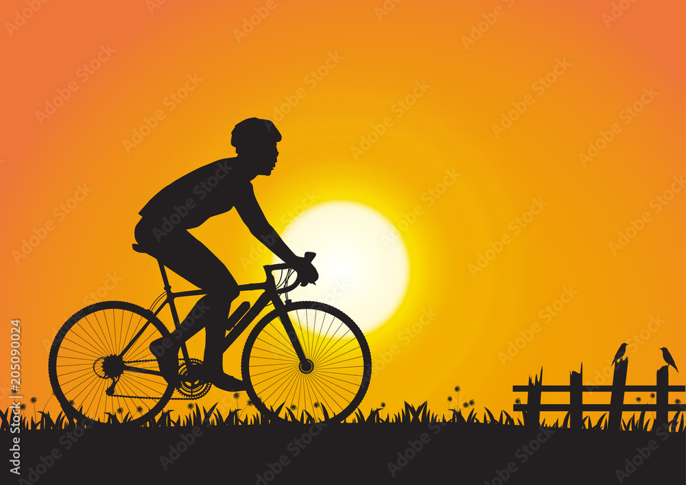 Obraz premium Silhouette of man cycling on golden sunrise background, vector illustration