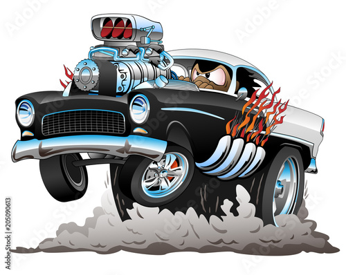 Classic American Fifties Style Hot Rod Funny Car Dragster Cartoon with Big Engine, Flames, Smoking Tires, Popping a Wheelie, Isolated Vector Illustration
