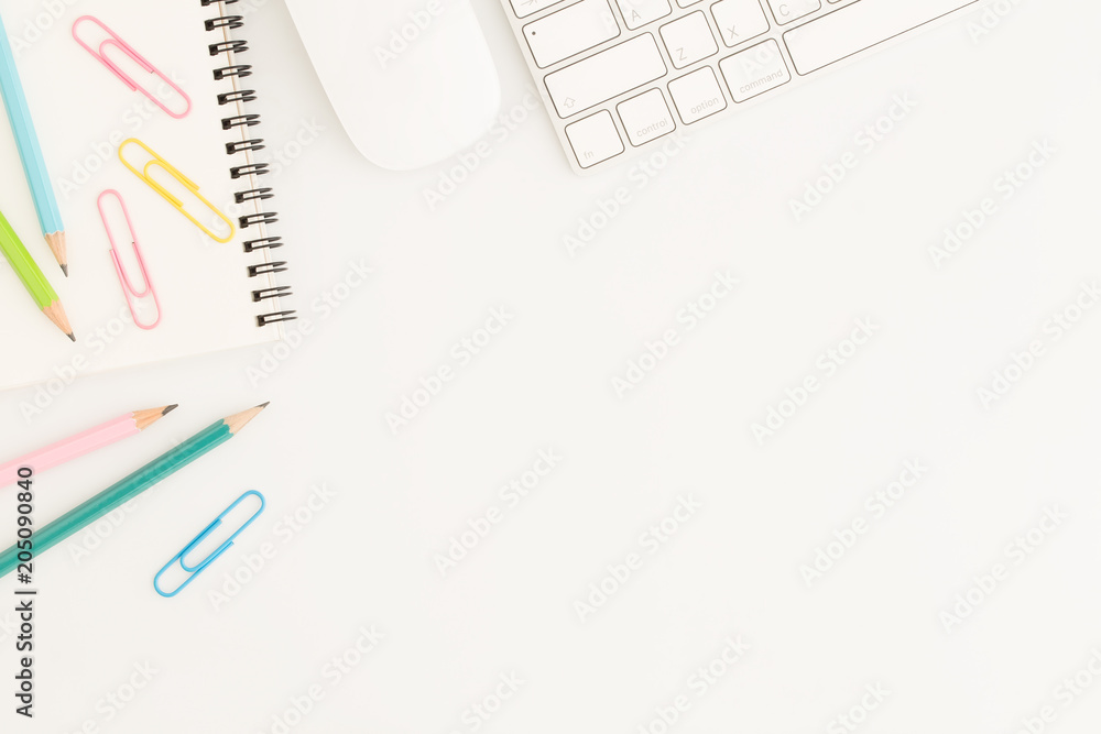 Flat lay photo of office desk with mouse and keyboard White copy space with pencil top view Flat lay photo of office desk with mouse and keyboard White copy space with pencil top view
