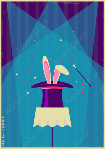 White rabbit in magical hat.Vector old poster of magic show