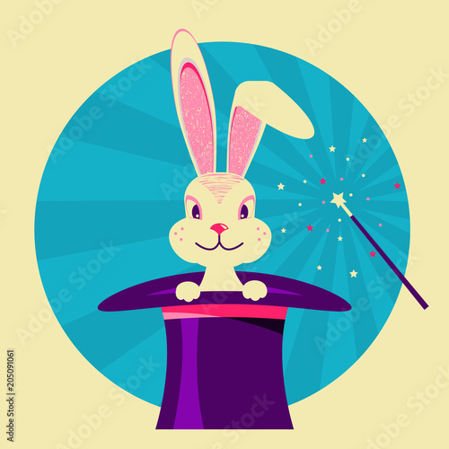White rabbit in magical hat.Vector label of magic show