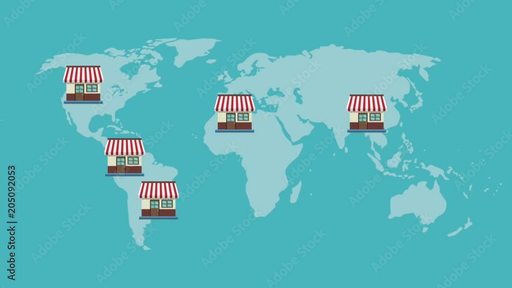 Stores on differents world locations map High Definition animation