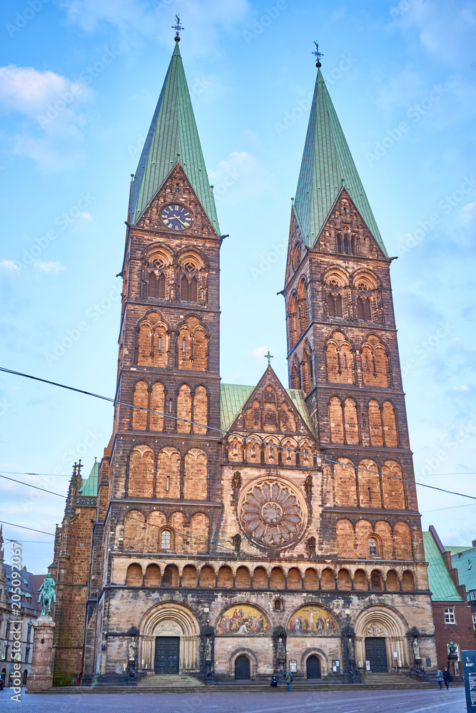 View on the Market square with Saint Peter cathedral in the evening in Bremen, Germany