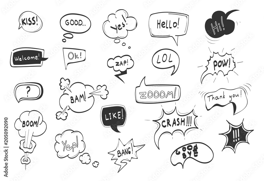 Hand Drawn Comic Speech Bubbles Black Thin Line Icon Set. Vector