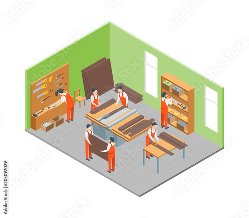 Furniture Makers at Work and Interior with Elements Isometric View. Vector