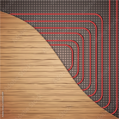 Floor heating system under wooden cover. Top view. Ways of installing pipes under cover. Vector Illustration isolated on white background.